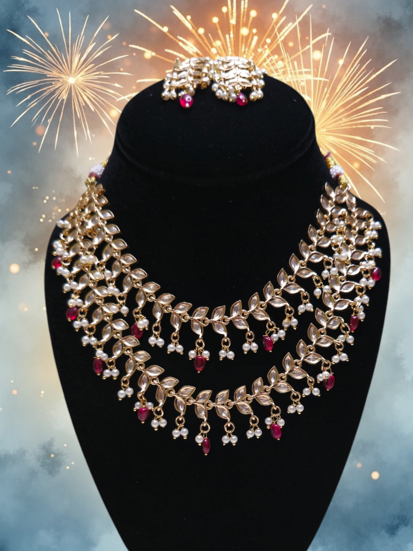 Elegant and stylish golden pearl and ruby studded necklace set