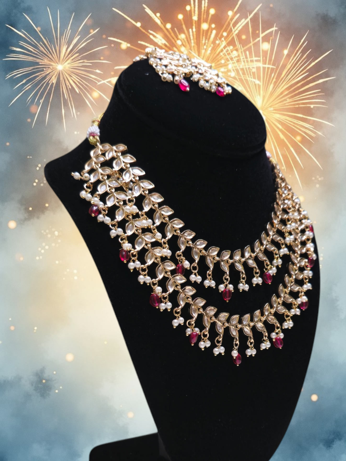 Elegant and stylish golden pearl and ruby studded necklace set