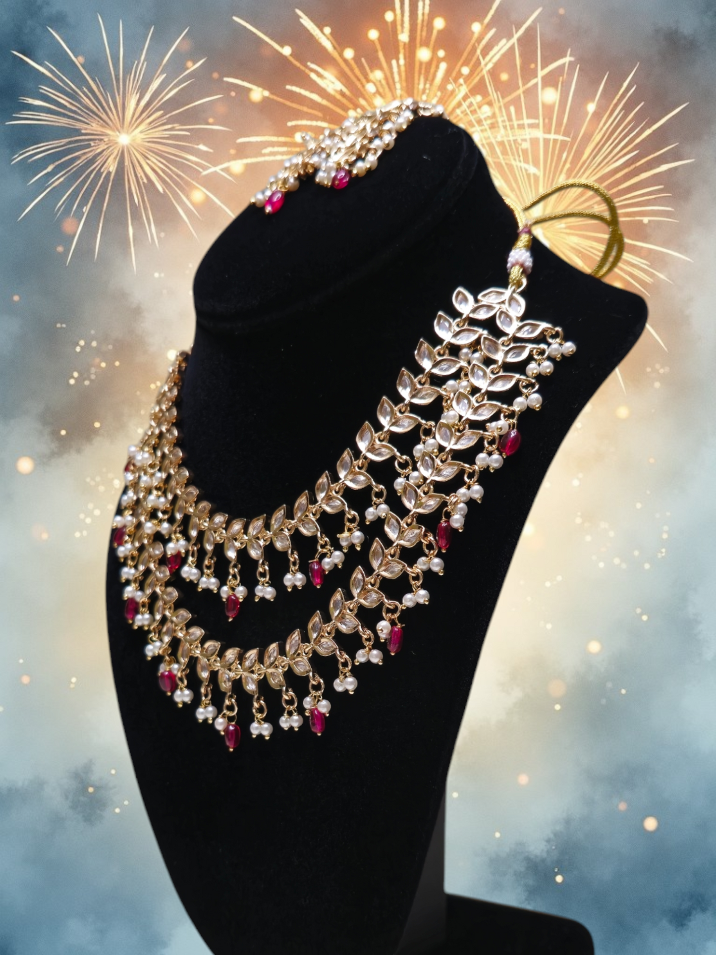 Elegant and stylish golden pearl and ruby studded necklace set